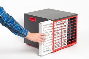 Large MERV 8 filter inside SaniDry Sedona dehumidifier